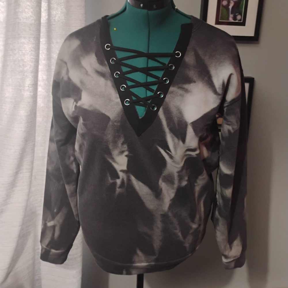 F21 Unique Tye Dye Lace Sweatshirt in Grey & Black Sz XL